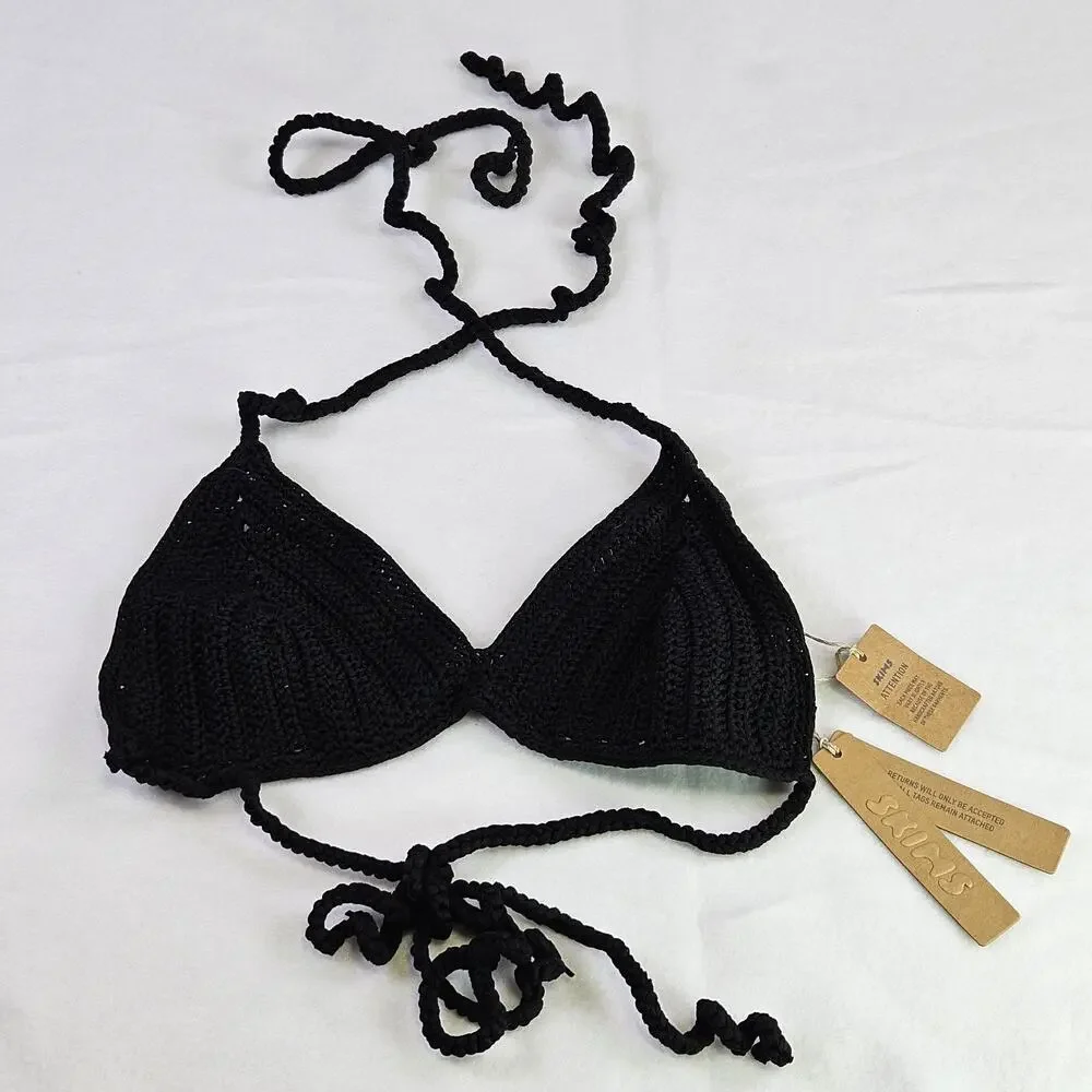 Skims Crochet Swim Triangle Bikini Top M Black Onyx Knit String Boho Beach NWT